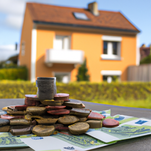 A stack of coins and bills with a house in the background