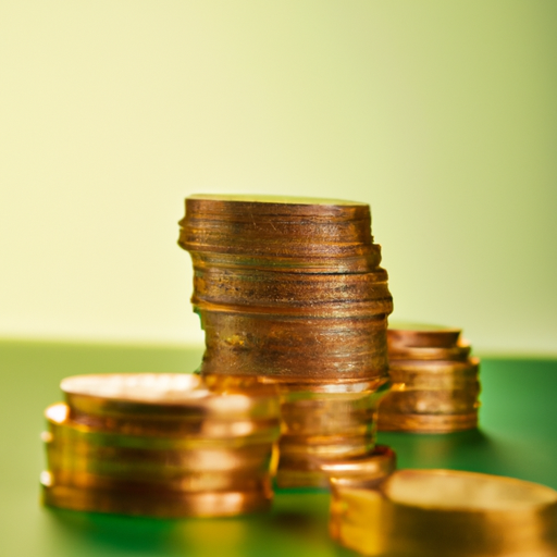 A stack of golden coins on a green background