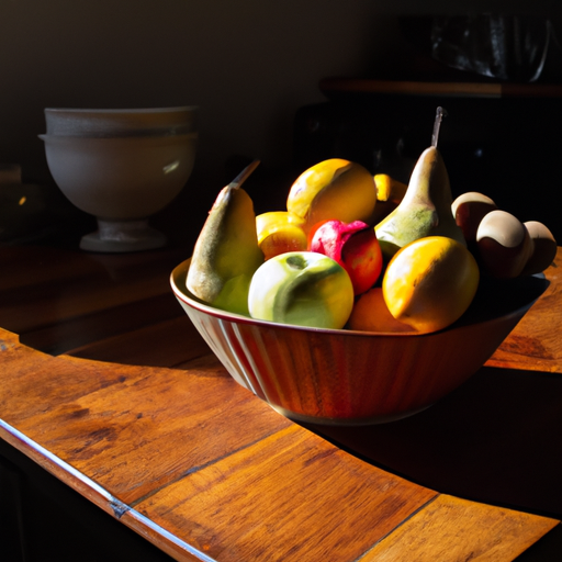 A stilllife of a fruit bowl filled with citrus fruits apples and pears on a wood table in a sunlit kitchen