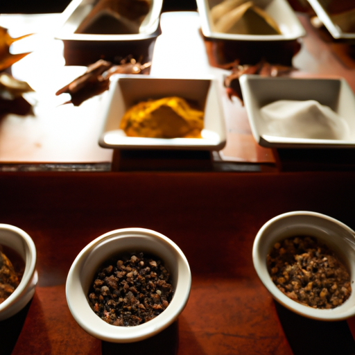 A variety of spices arranged in small bowls on a wooden countertop