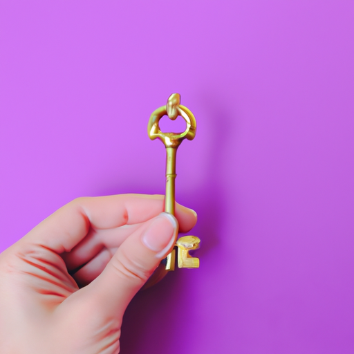 A white hand holding a golden key on a purple background