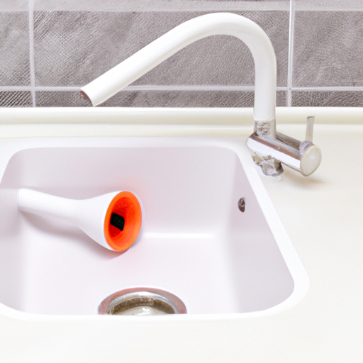 A white kitchen sink with a sink plunger lying on its side