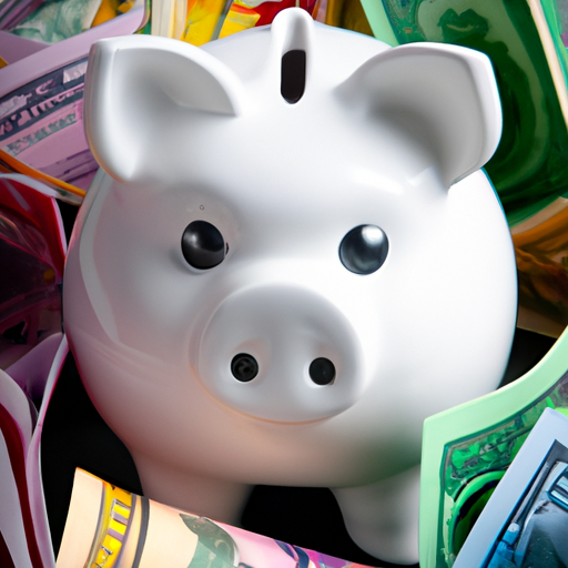 A white piggy bank surrounded by colorful bills