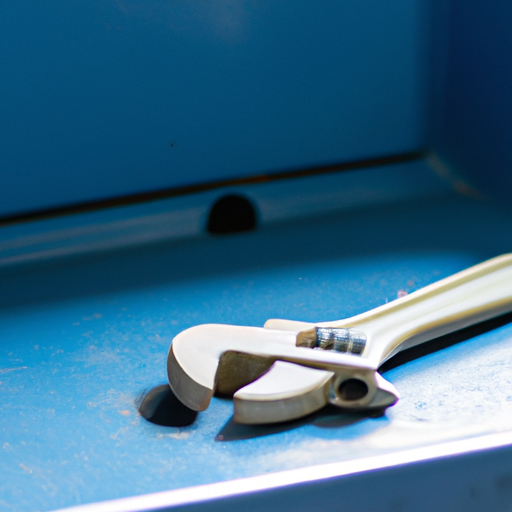 A wooden plumbers wrench lying on a blue toolbox