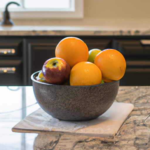 A bowl of oranges and apples on a kitchen countertop