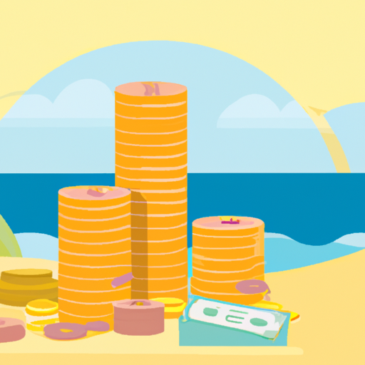 A bright and warm illustration of a stack of coins and bills on a beach