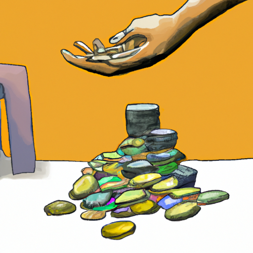 A digital painting of a hand giving a stack of coins to a charity