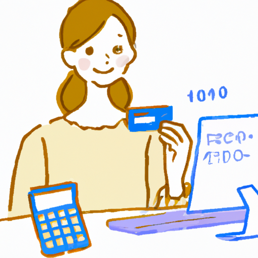 A drawing of a woman looking at a computer with a credit card and a calculator
