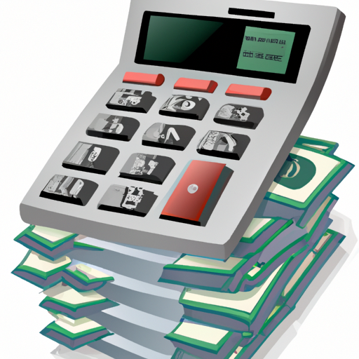 An illustration of a calculator with a stack of bills on top