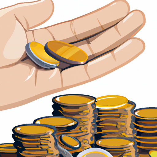 An illustration of a hand holding a coin with a pile of coins in the background