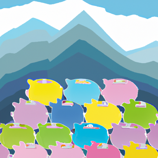 An illustration of a mountain range filled with colorful piggy banks