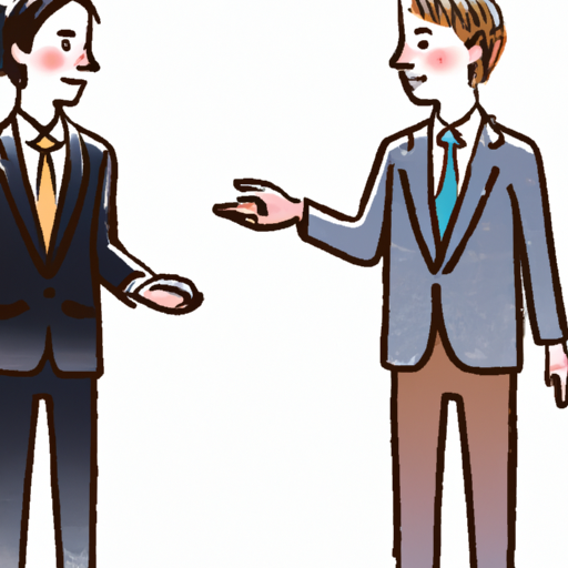 an illustration of two people in suits talking to each other