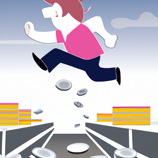 An illustration of a person jumping over a gap in the road full of piggy banks