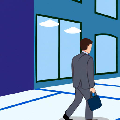 illustration of a person wearing a suit walking towards a office building