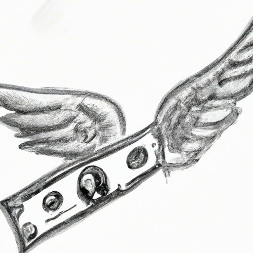 A pencil sketch of a dollar bill with wings flying away