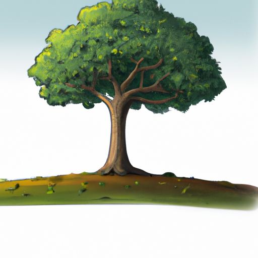 A single tree standing tall in a field in the style of a Character Reference Sheet
