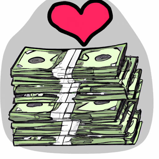 A stack of bills with a heart drawn on them in the style of an Illustration