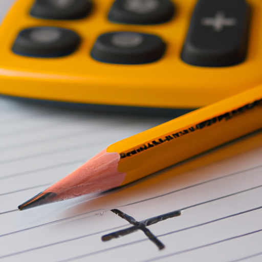 A yellow pencil is crossed out on a piece of paper with a calculator in the background