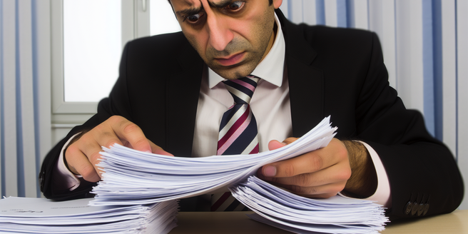 A man in a business attire looking worried while going through loan application forms