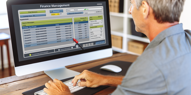 A man using a desktop finance management application to track his credit usage