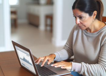 An image of a woman reviewing her credit score online using a laptop.