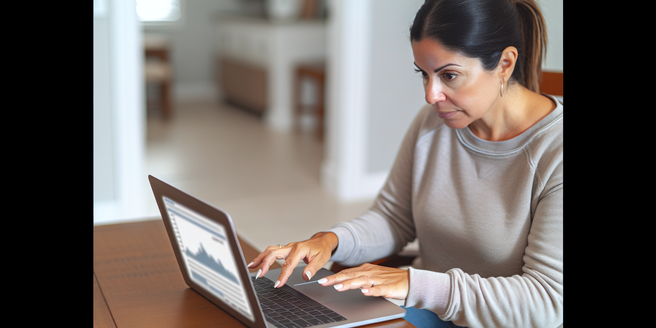 An image of a woman reviewing her credit score online using a laptop.