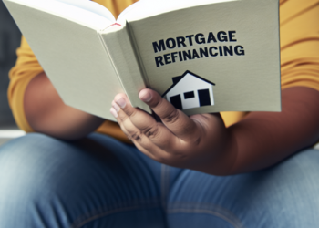 Person reading a book on mortgage refinancing in a relaxed environment