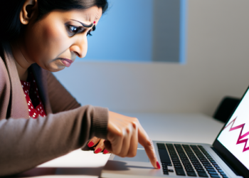 a distressed woman checking her declining credit score on a laptop