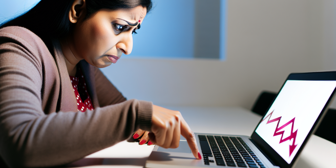 a distressed woman checking her declining credit score on a laptop