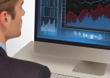 A businessman looking at a computer screen with various graphs displaying market trends
