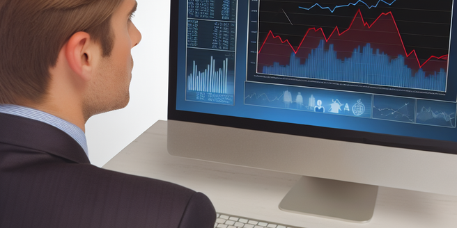 A businessman looking at a computer screen with various graphs displaying market trends