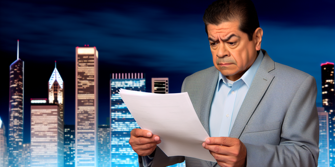 A concerned individual reviewing financial documents with a background of a city skyline at night