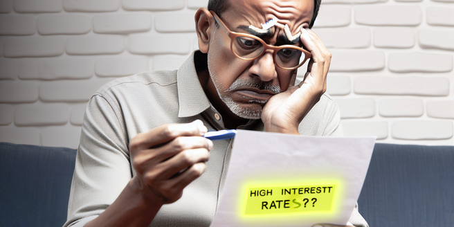 A distressed individual looking at a document highlighted with high interest rates