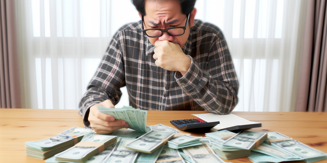 A distressed individual looking at numerous bills spread out on a table