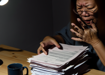 A distressed individual reviewing a stack of paperwork and bills