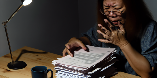A distressed individual reviewing a stack of paperwork and bills