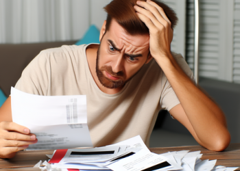 A distressed man looking at unpaid bills on his home desk
