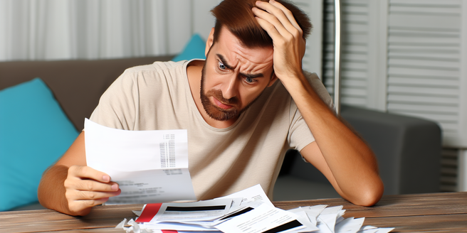 A distressed man looking at unpaid bills on his home desk