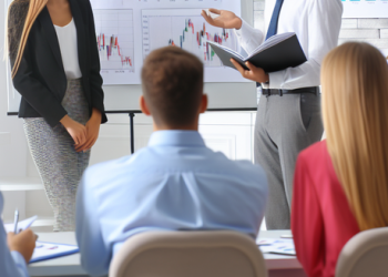 A group of professionals engaging in a finance seminar on stocks and funds