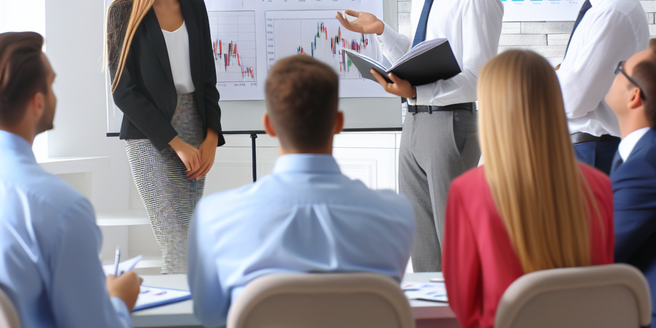 A group of professionals engaging in a finance seminar on stocks and funds