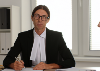 A man and a woman sitting across from each other in front of a lawyer at a desk