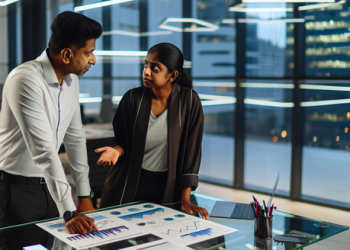 A man and woman discussing financial strategies in a modern office setting