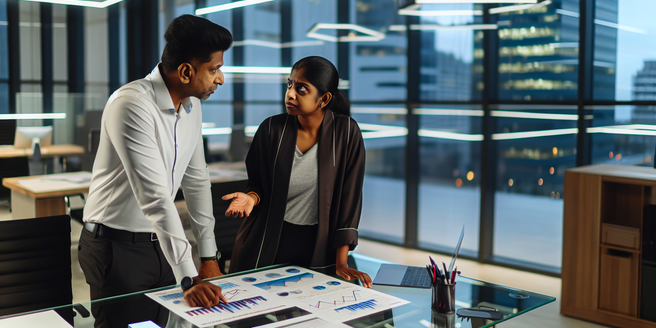 A man and woman discussing financial strategies in a modern office setting
