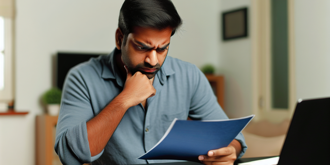 A man deeply engrossed in examining credit report documents on his desk