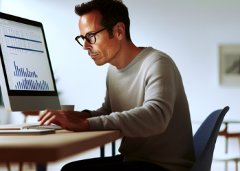 A man intently reading a credit report on a computer screen