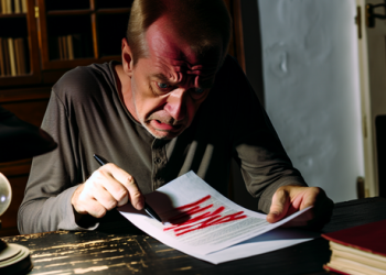 A man sitting at a desk, visibly worried about his outstanding debts, referring to a document