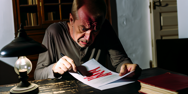 A man sitting at a desk, visibly worried about his outstanding debts, referring to a document