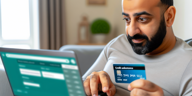 A man using his laptop to review his online banking portal displaying very low credit card balance