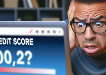 A person anxiously looking at the screen showing a low credit score