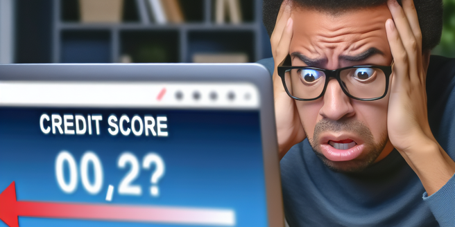 A person anxiously looking at the screen showing a low credit score